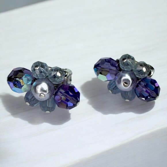 Vintage Beaded Clip on Earrings AB Faceted Clear and Purple - Picture 3 of 5